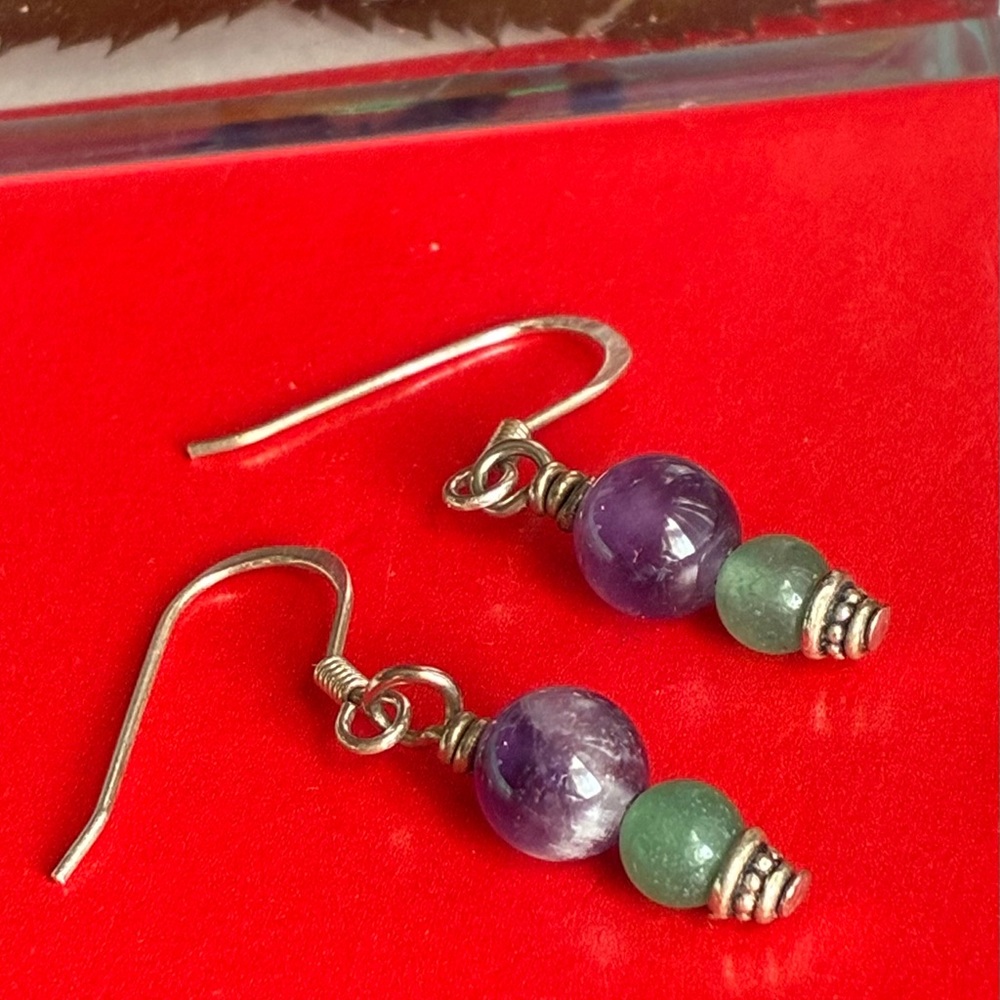 925 Silver Earrings,Purple and Green Stone Drop Earrings with Silver Accents